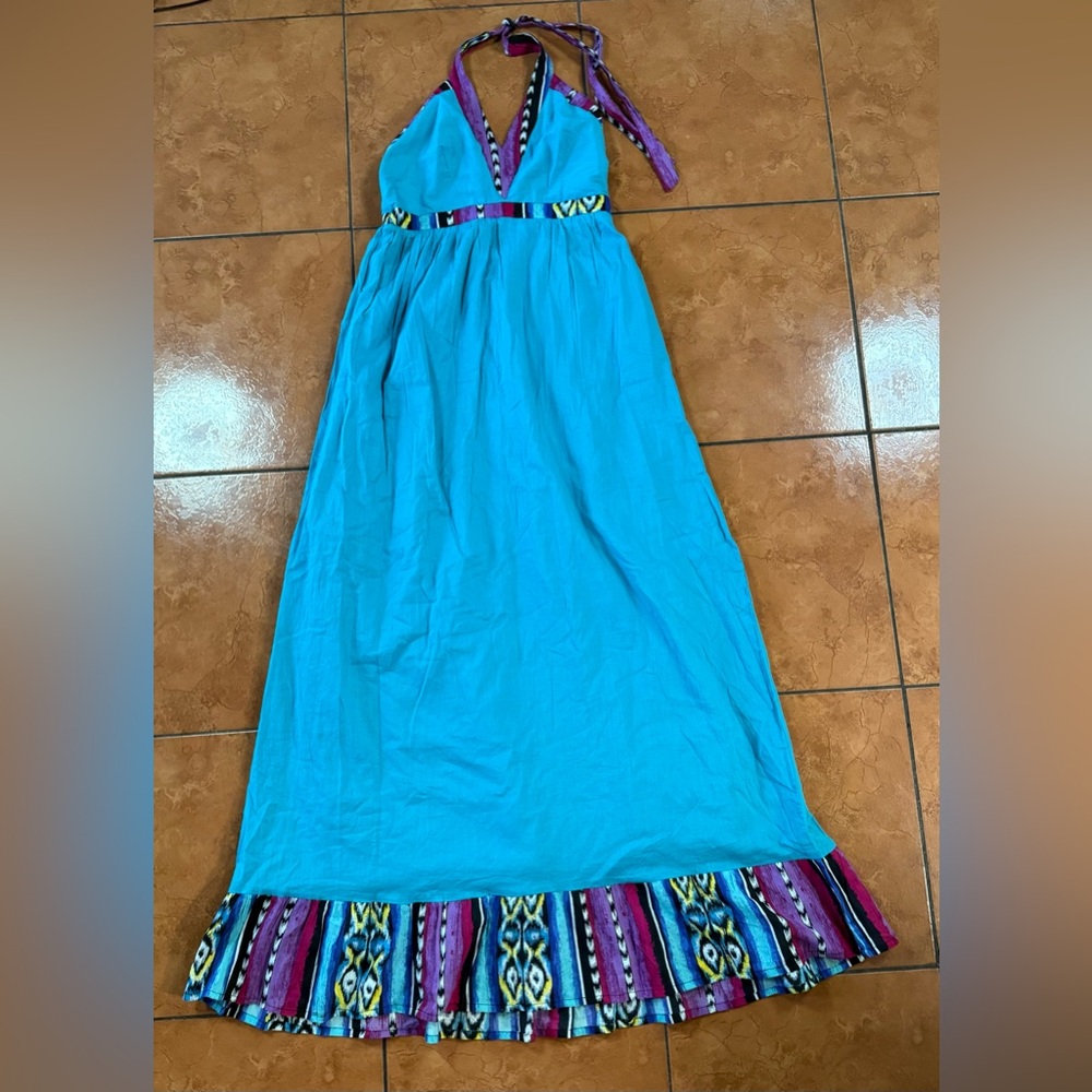 Vibrant Blue Maxi Dress with Multicolor Hem